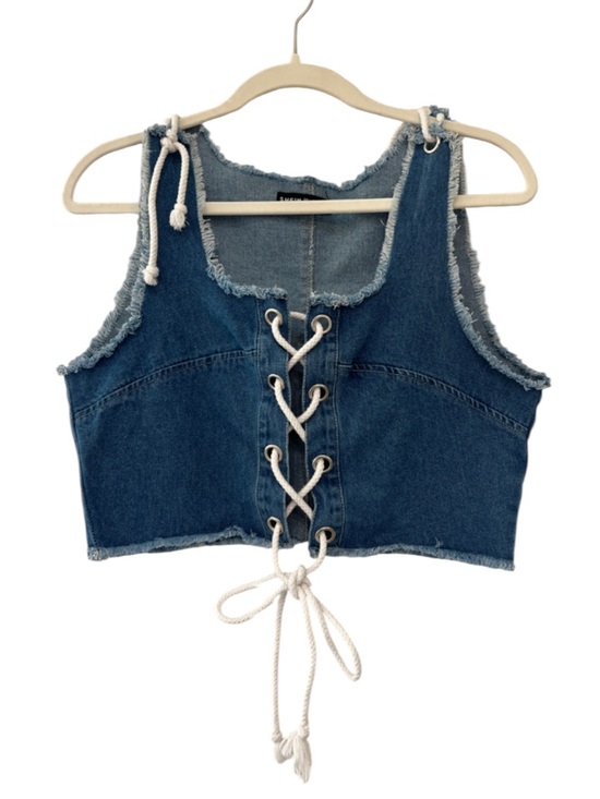 SHEIN Tops - SHEIN Lace-Up Denim Crop Vest Grommet Shoulder Detail Raw Hem